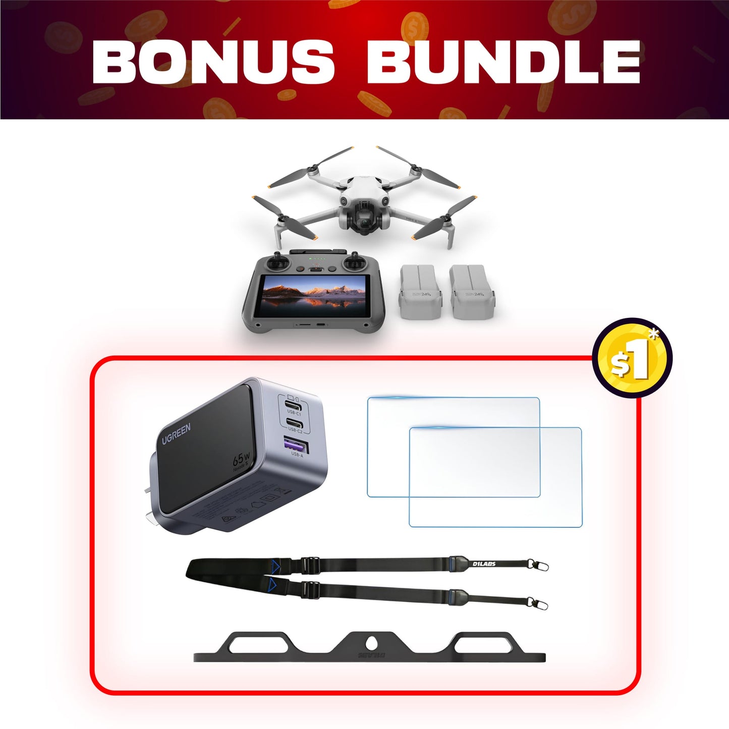 DJI Mini 4 Pro Fly More Combo + $1 Bonus Bundle (Refurbished)