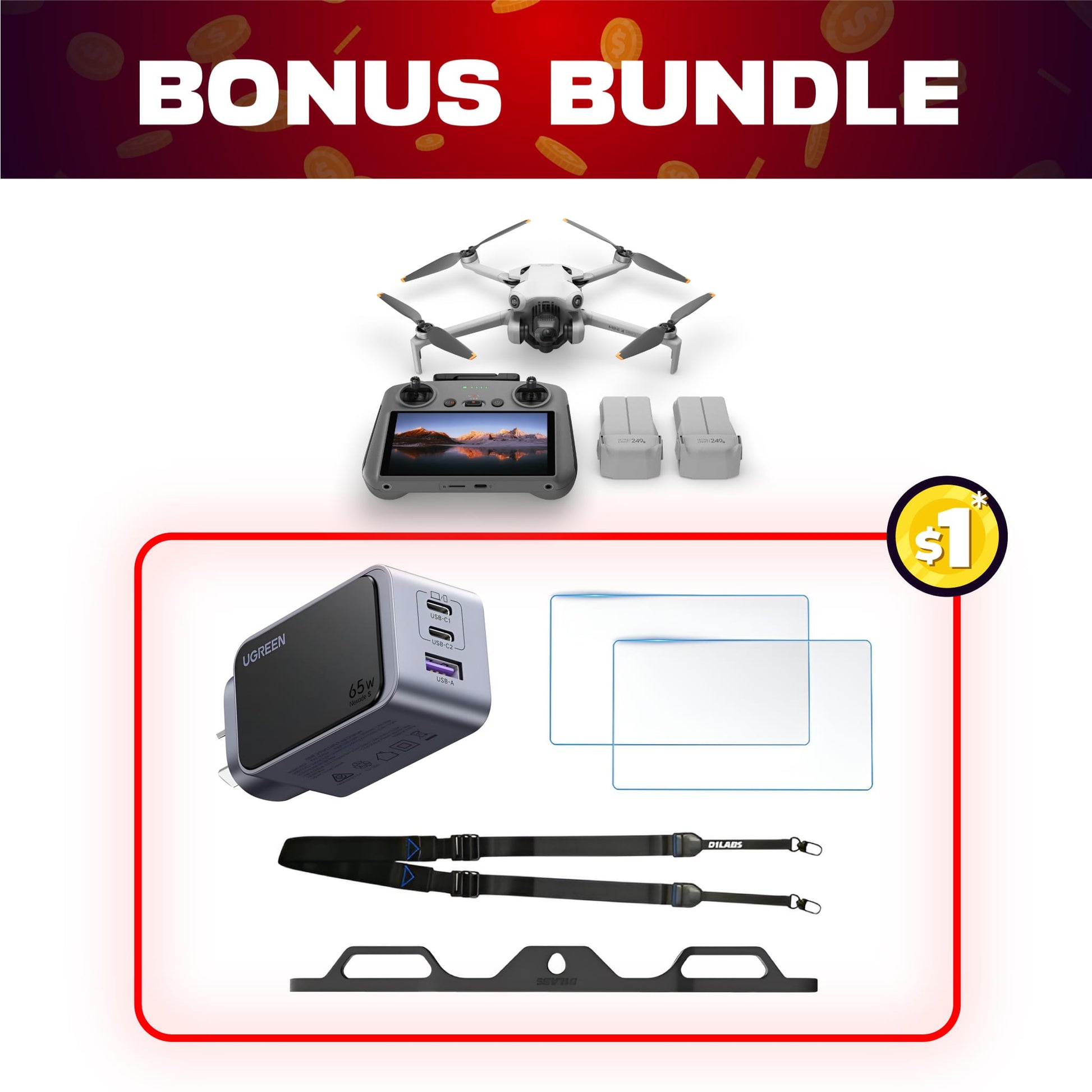 DJI Mini 4 Pro Fly More Combo + $1 Bonus Bundle (Refurbished)