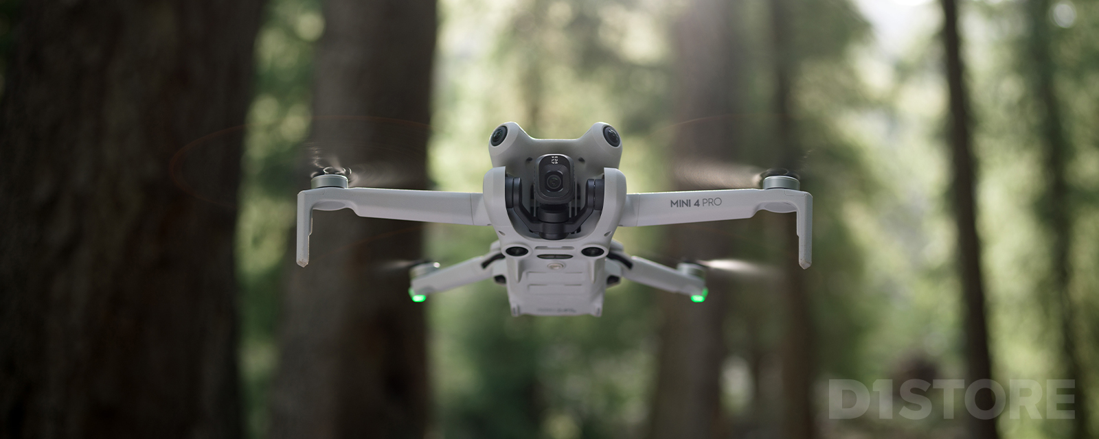 DJI Mini 4 Pro drone in forest with camera in portrait orientation for True Vertical Shooting